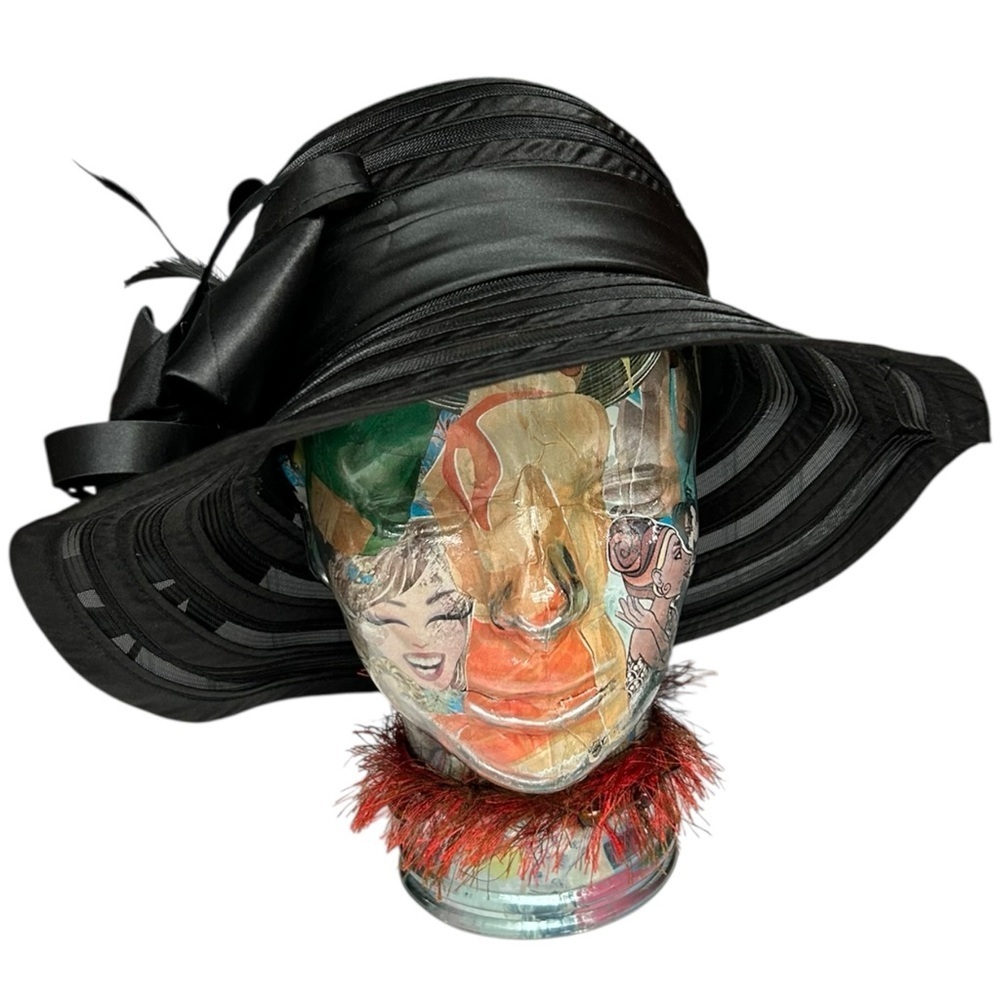 Black Ribbon Dress Hat Wide Brim Floral Bow Church Derby Tea Party Hat - Picture 9 of 10